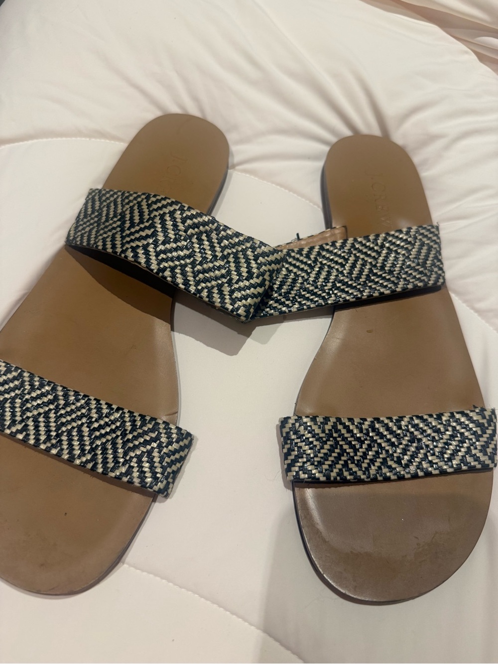 J. Crew Black and Cream Woven Double-Strap Slide Sandals